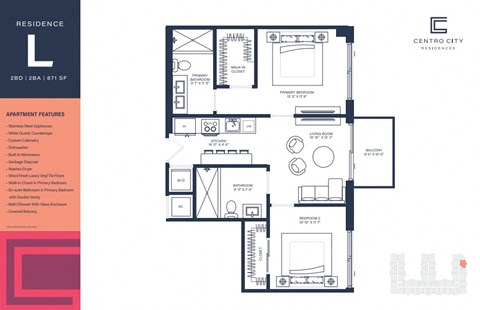A floor plan of a residence with a living room, two bedrooms, a bathroom, and a kitchen.